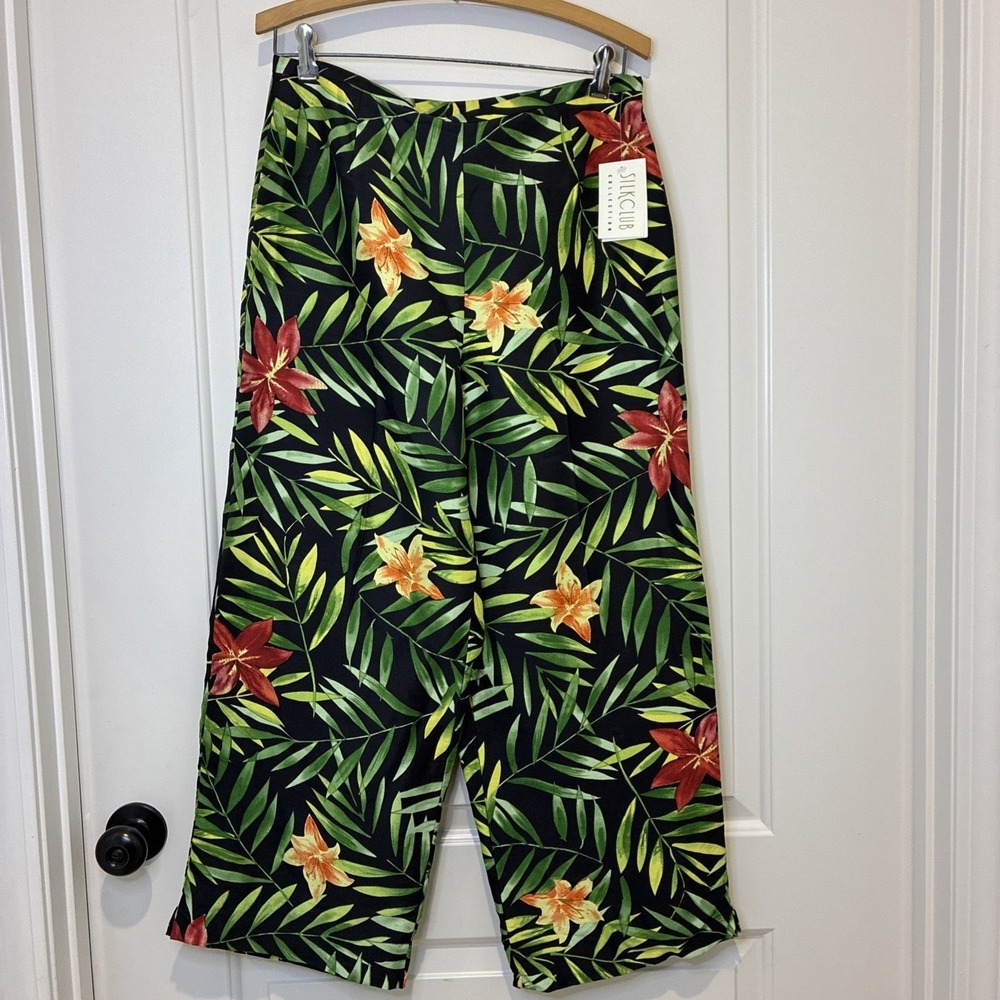 Silk Club Collection Tropical Floral 100% Silk Wide Leg‎ Crop Pants women's 10